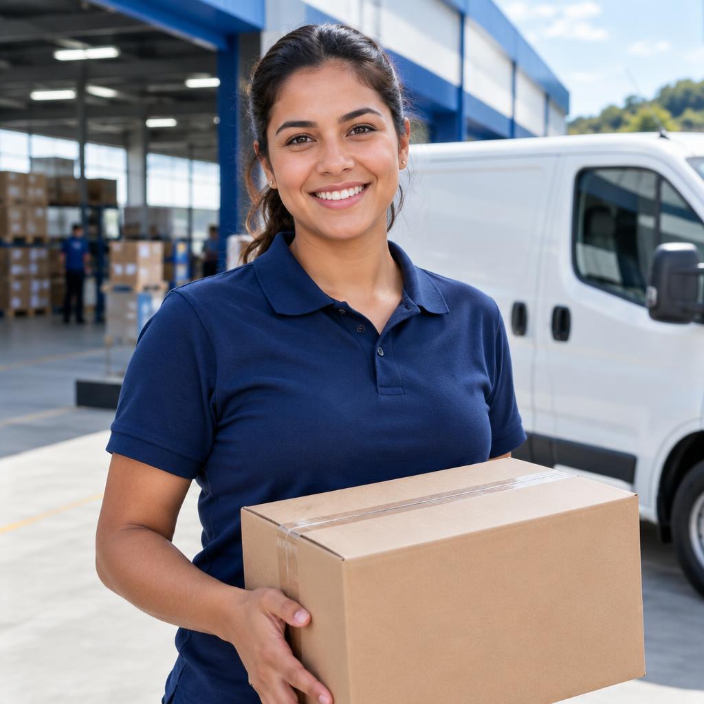 Profissional de entregas com uma encomenda no centro de distribuição